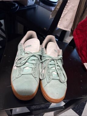 adidas Cloudfoams women’s Mint Green Suede Sneakers , Gum Sole and White Stripes